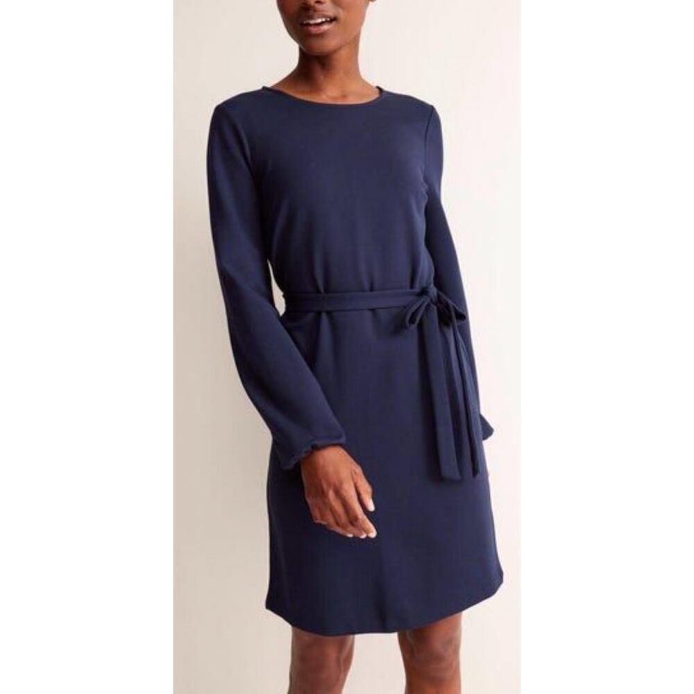 BODEN Classic Ponte Navy Blue Jersey Mini Shift Dress Long Sleeve Tie Waist NWT